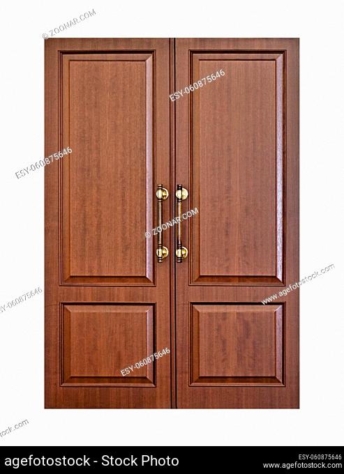 Modern wooden two-leaved door isolated over white