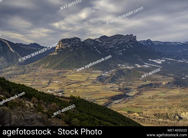 Santa Fe mountain and the Serra de Sant Joan seen from the other side of the OrganyÃ  valley (Alt Urgell, Lleida, Catalonia, Spain, Pyrenees)