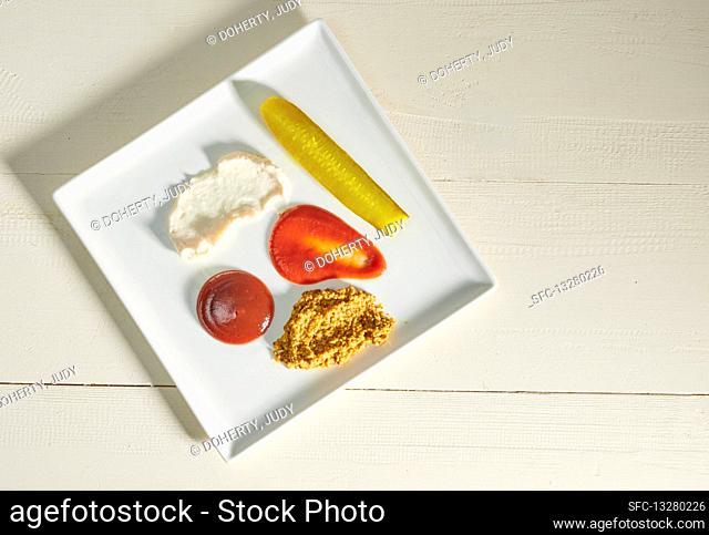 Ketchup, Mayonnaise, Mustard, BBQ Sauce, Pickles as burger condiments on a plate