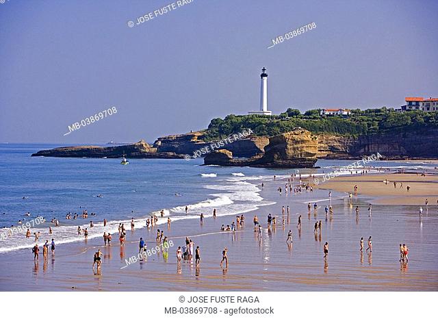 France, Aquitaine-Poitou, Biarritz, Grande nuisance beach tourists coast lighthouse, Basque country, Atlantic, Atlantic-coast, beach, sandy beach, sea, surf