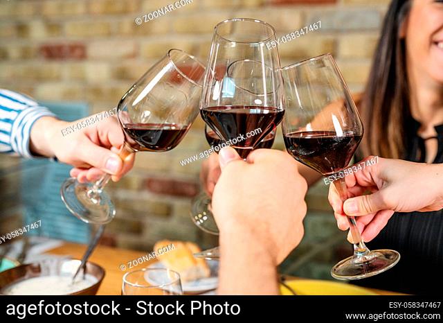 Celebration. Group of friends holding The Glasses Of Wine Making A Toast. High quality photo