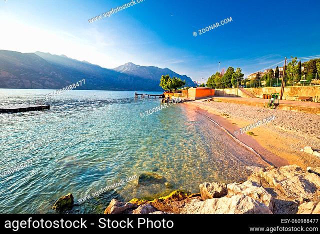 Beach im Malcesine on Lago di Garda lake, Veneto region of Italy