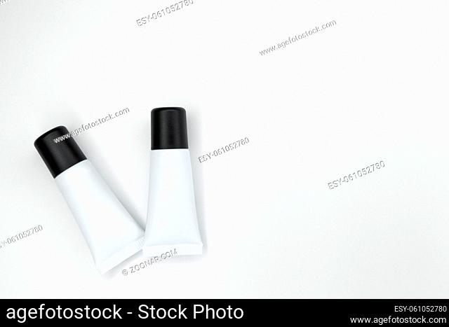 Cosmetics SPA branding mockup. Clear minimalist beauty products packaging. Top view, flat lay