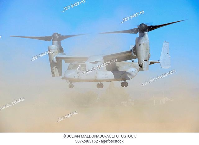 Vertical takeoff military aircraft V-22 Osprey, in a mock chemical catátrofe in the town of Daimiel, Spain