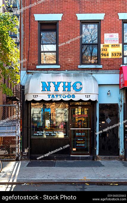New York, United States of America - November 17, 2016: Exterior view of the Ney York Hardcore tattoo shop in Manhattan