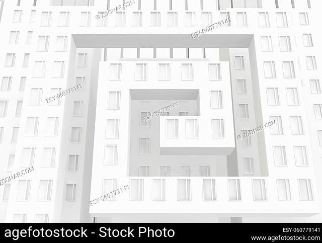 Building spiral shape urban white abstract, 3d illustration, horizontal background