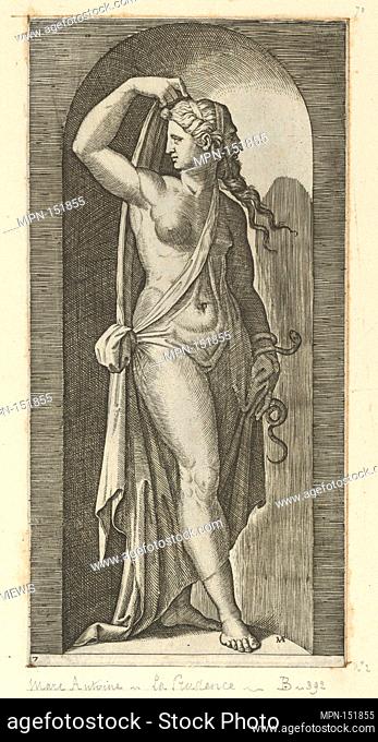 Prudence personified by a woman standing in a niche, holding a shawl in her right hand, a snake coiled around her, left from 'The Virtues'