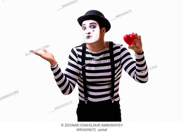 Mime holding red heart isolated on white background