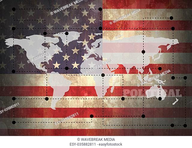 World map with connectors on USA flag