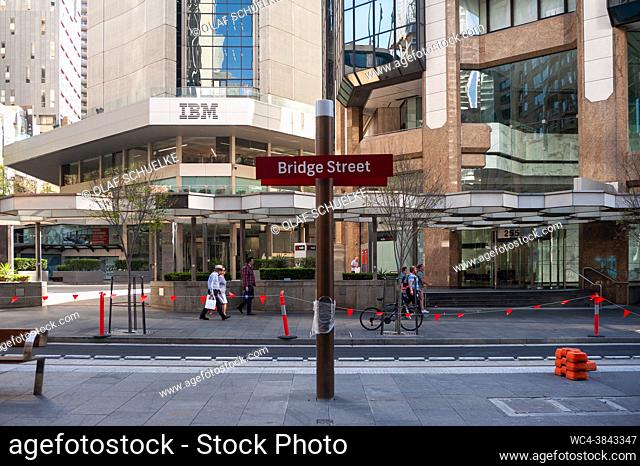Sydney, New South Wales, Australia - Platform of the new Bridge Street tram stop in the central business district. The IBM Australia branch office can be seen...