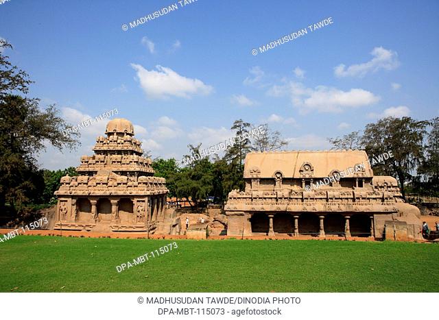 Pancha Rathas on right Bhima Ratha and left  Dharmaraja Ratha  carved during the reign of King Mamalla (Narasimhavarman I; c