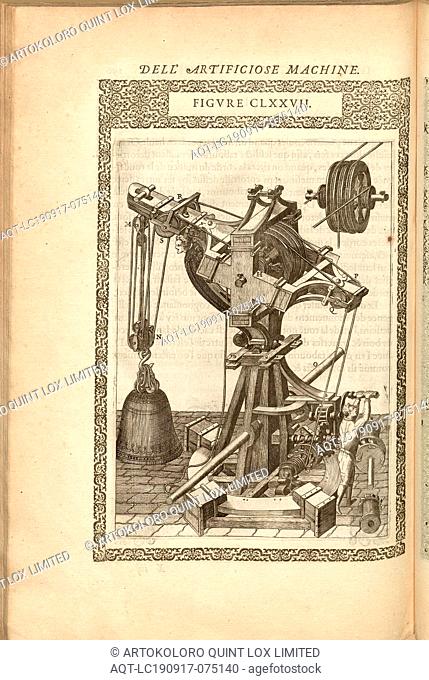 Hebevorrichtung (10), Crane consisting of a winch construction, copperplate engraving, fig. CLXXVII, to p. 290, 1588, Agostino Ramelli: Le diverse et...