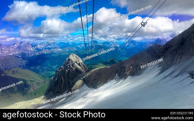Slow motion of Marmolada Cable Car view in summer season, italian alps