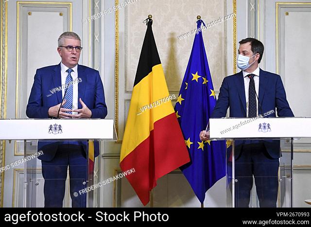 FEB-VBO CEO Pieter Timmermans and Prime Minister Alexander De Croo pictured during a press conference after a meeting between Belgian Prime Minister and Work...