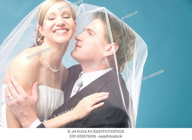Bridal couple have a happy time under a veil, blue background