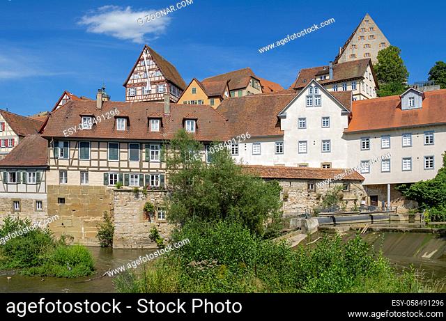 city view of a town named Schwaebisch Hall in Southern Germany at summer time
