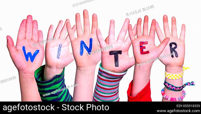 Children Hands Building Colorful English Word Winter. White Isolated Background