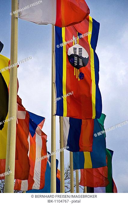 International flags in front of Messe Berlin fairgrounds, Berlin, Germany