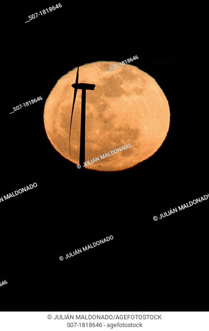 Turbine backlit with the full moon