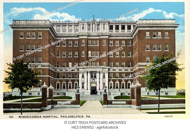 Misericodia Hospital, Philadelphia, Pennsylvania, USA, 1926. Vintage postcard showing the exterior of the six storey red brick building