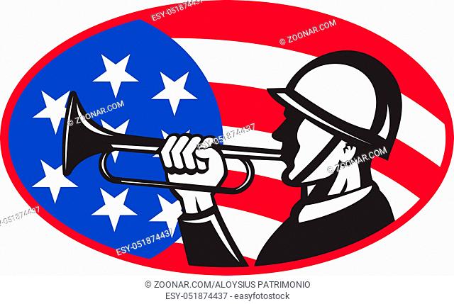 illustration of an American soldier with bugle and stars and stripes flag set inside ellipse done in retro style