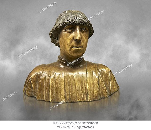 Painted marble bust of Ferdinand of Aragon, King of Naples (1423-1494) from the â. œPorta Salvatoreâ. . Sulmona, Italy. Variously attributed to Pietro do Milano...