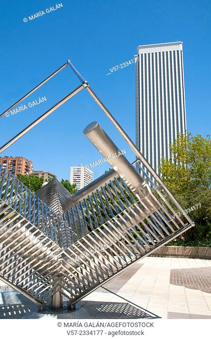 Picasso Tower and modern sculpture. AZCA, Madrid, Spain
