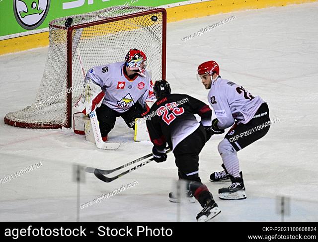 David Kase of Sparta shots a goal to Bremerhaven goalkeeper Maximilian Franzreb during the Champions Hockey League Group A match HC Sparta Praha vs Bremerhaven...