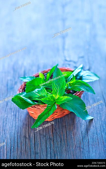 fresh mint leaf on the wooden table