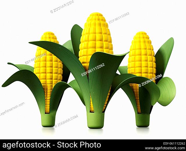 Fresh corns isolated on white background. 3D illustration