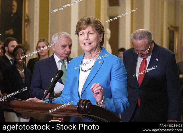 United States Senator Jeanne Shaheen (Democrat of New Hampshire) speaks to the media following the weekly Senate policy luncheon in the US Capitol in Washington
