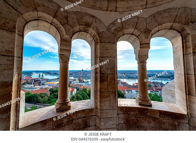 Cityscape of Budapest, Hungary as seen from Fishermans Bastion with the Hungarian Parliament in the background