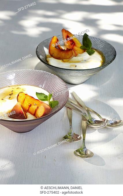 Grilled peach with yoghurt cream and lavender honey