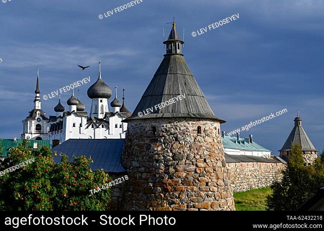RUSSIA, ARKHANGELSK REGION - SEPTEMBER 19, 2023: A view of the Solovetsky Monastery on Bolshoy Solovetsky Island of the Solovetsky archipelago