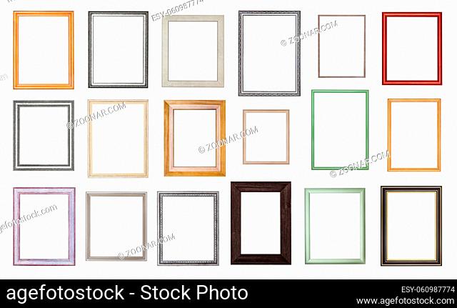 set from various empty wooden picture frames with cut out canvas isolated on white background