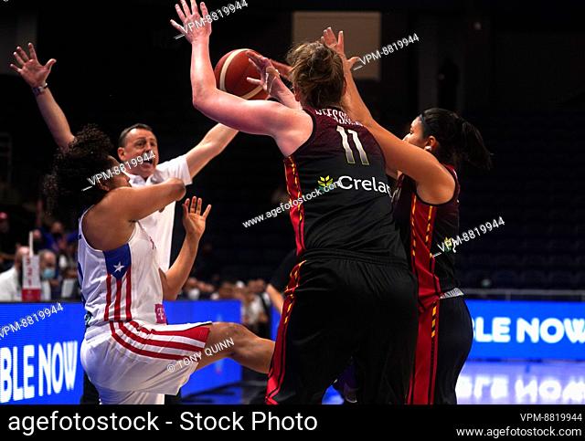 Belgium's Emma Meesseman fights for the ball during a basketball game between the Belgian Cats and Puerto Ric, a qualifier for the World Cup later this year