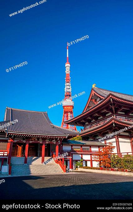 View of Zojoji Temple with Tokyo Tower in background , Japan..