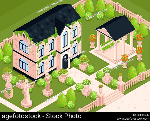 Country house garden background with flowers park and plants vector illustration