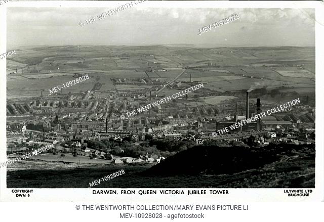 The Town from Queen Victoria Jubilee Tower, Darwen, Blackburn, near Accrington, Lancashire, England. Showing WH Smith & Son