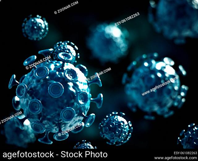 Green viruses on dark background. 3D illustration