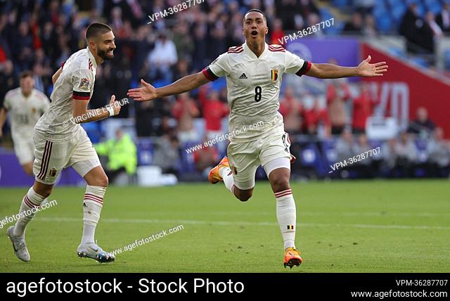 Belgium's Youri Tielemans celebrates after scoring the 0-1 goal during a soccer game between Wales and Belgian national team the Red Devils