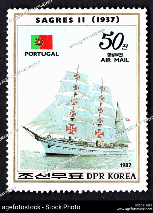 DPR Korea - CIRCA 1987: Korean postage stamp dedicated to old sailing ship. Portuguese sailing ship Sagres II on sea. Sailboat depicted on a postage stamp