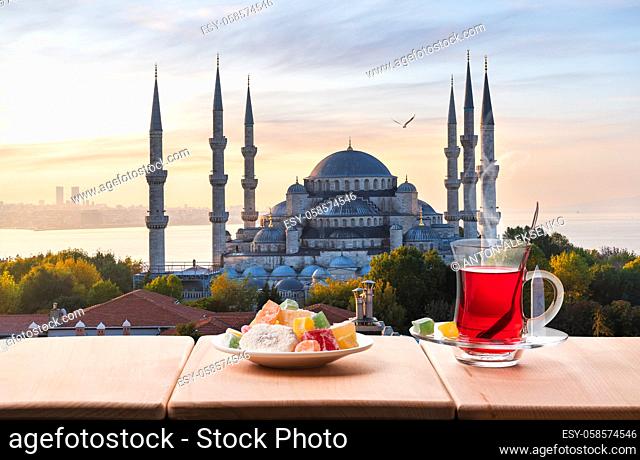 Traditional turkish tea in front of the Blue Mosque, Istanbul