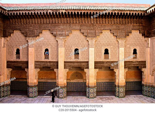 Patio, students' rooms windows, arches and walls with floral and geometrical motifs, Medersa Ben Youssef, 1570, arabo-andalusian architecture, coranic school