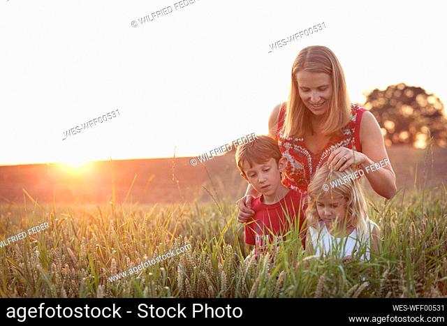 Boy and girl looking at plants in front of mother on agricultural field