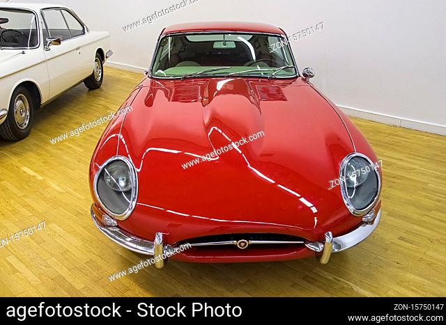 Moscow, Russia - November 10, 2018: Jaguar E-Type car (made in 1962) at the exhibition of old and rare cars