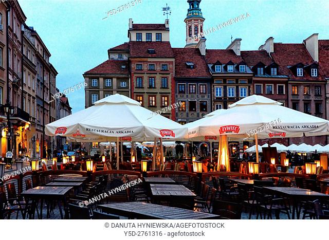 Old Town Market Place in front Arkadia restaurant outdoor tables, on left Barssa side, in front Zakrzewskiego side , in background tower of Jesuit Church of the...