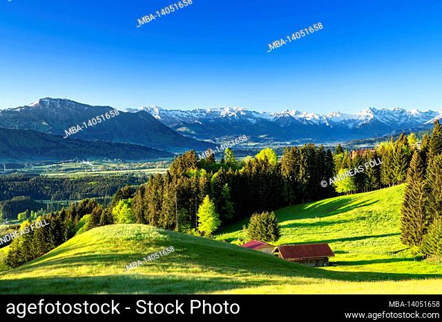 spring in the allgäu. view over the illertal to the allgäu alps with the grünten. meadows, forests and snow-capped mountains under a blue sky