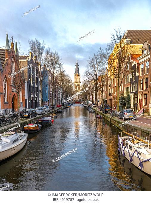 Zuiderkerk, church, canal with boats, Groenburgwal, Amsterdam, Holland, Netherlands