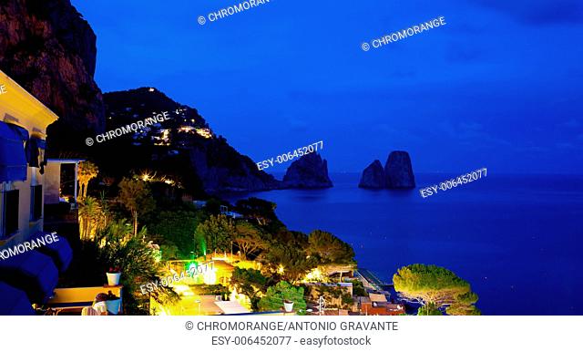 View of Marina Piccola by night, Island of Capri, Campania, Italy